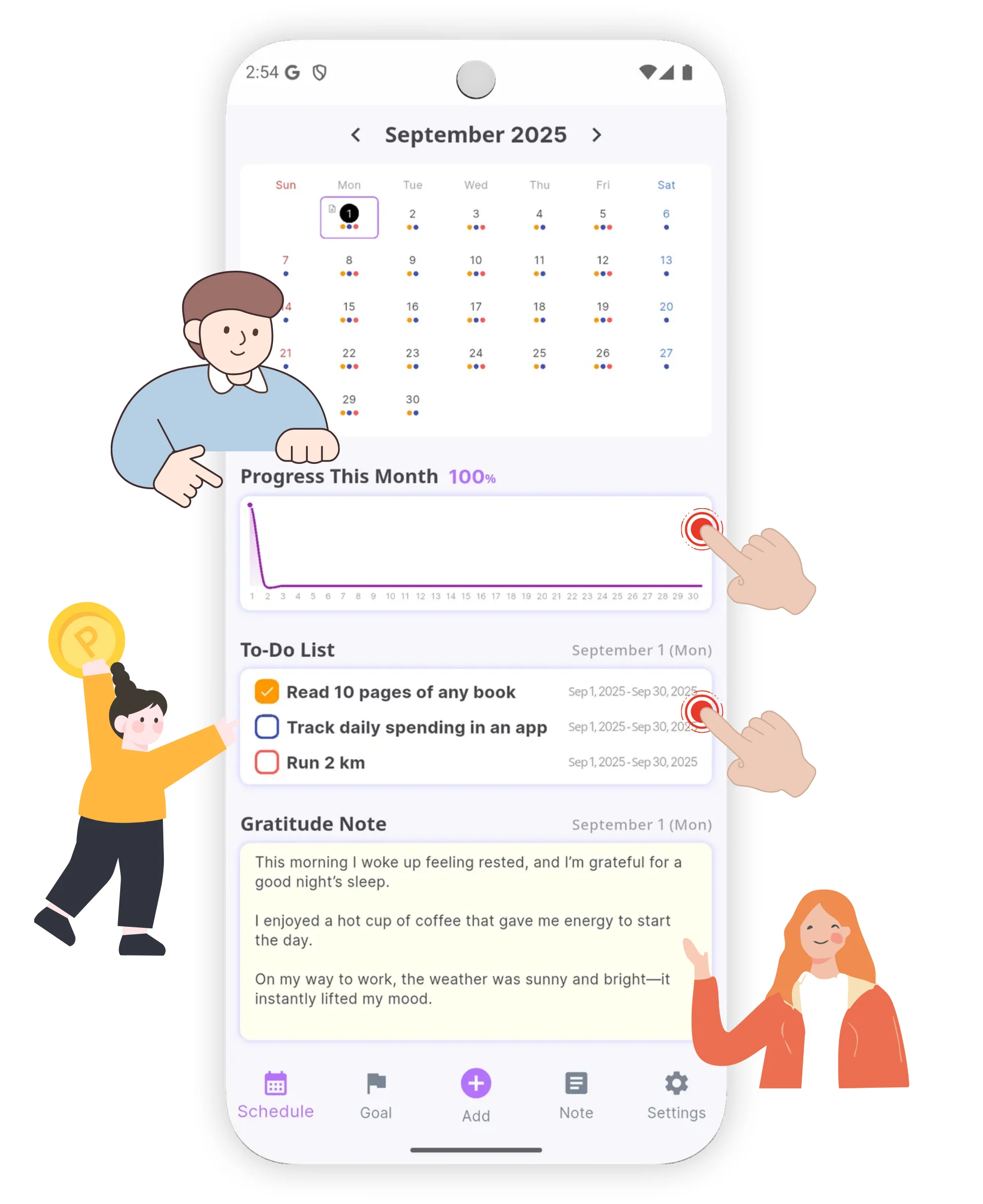 Home screen showing to-do calendar, score chart, and journal shortcut