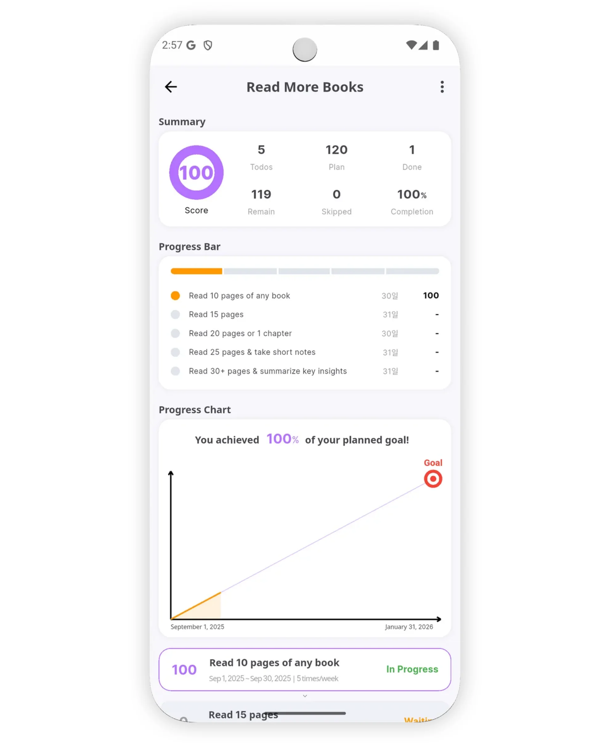 Detailed goal view showing todos, plan, done, remains, and summary statistics